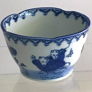 OMC Japan Asian Men Blue & White Porcelain Rice Bowl, VTG OTAGIRI Mercantile Co